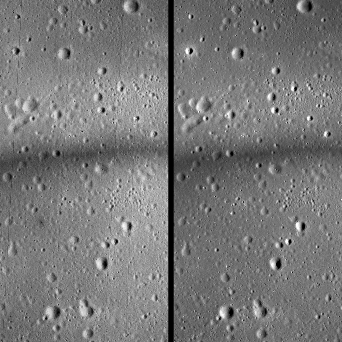 Left ShadowCam, RIght NAC both at 15 m pixel scale