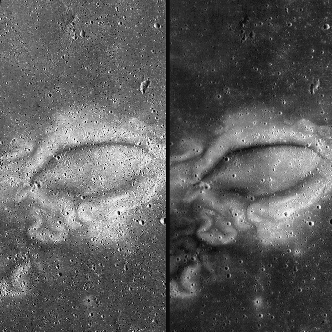 Side by side image depcting a ShadowCam mosaic of Reiner Gamma on the left and LROC WAC observation of Reiner Gamma on the right.